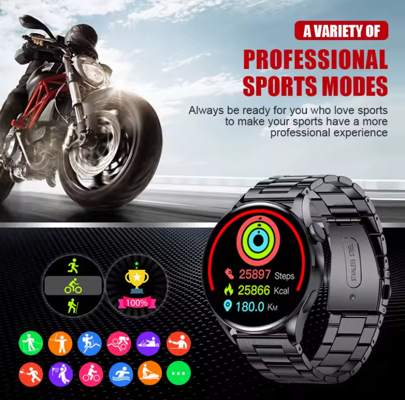 Smartwatch deportivo negro con correa metalica